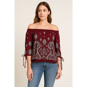 Jaase Burgundy Paisley Off-Shoulder Peasant Blouse XS Tie Sleeve Festival Boho